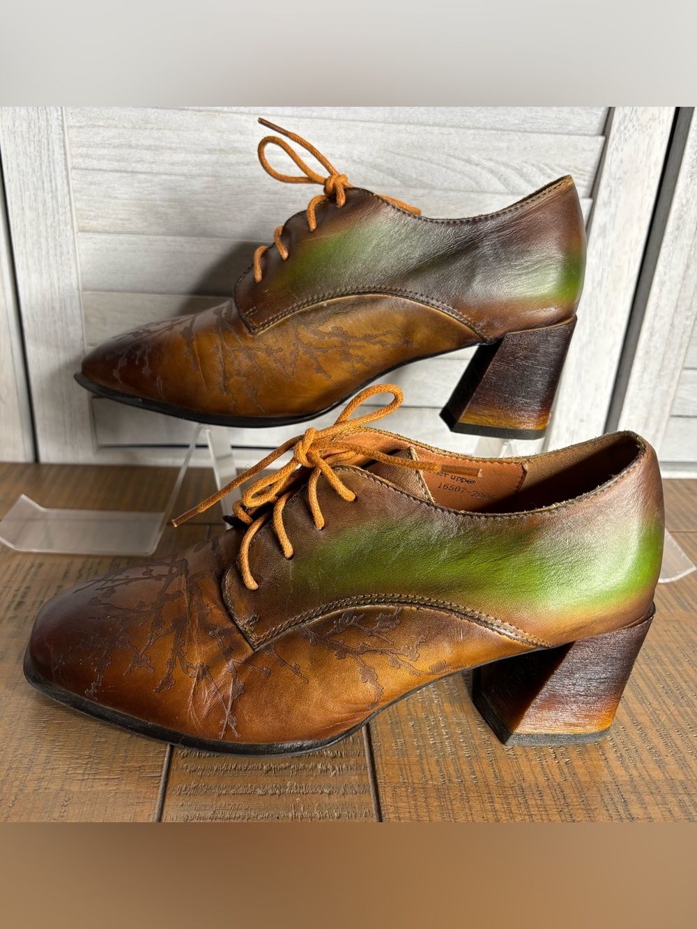 Spring Step L'Artiste Brown Green Ombre Leather Lace Up Oxford Heels Size 41 - Picture 5 of 16
